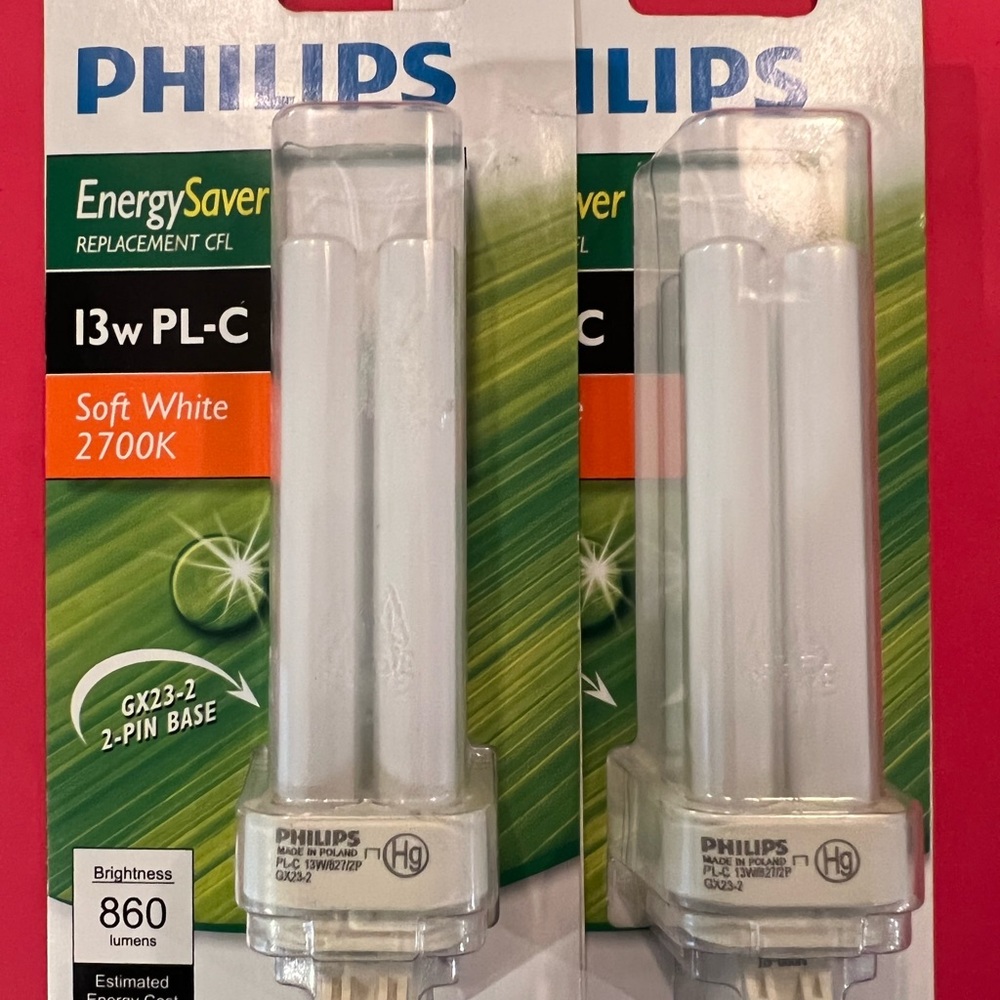 2 Light Bulb Replacement CFL 13w PL-C Soft White GX23-2 Philips 2700K 2-Pin Base